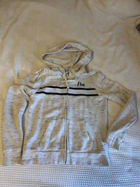 PINK Victoria's Secret Cream Zip-Up Hoodie with Navy Stripes